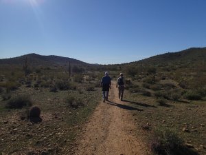 Two hikers enjoying the Apache wash loop hike (Phoenix sonoran preserve)