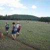 Cattle graze as hikers walk by along the Los Burros trail